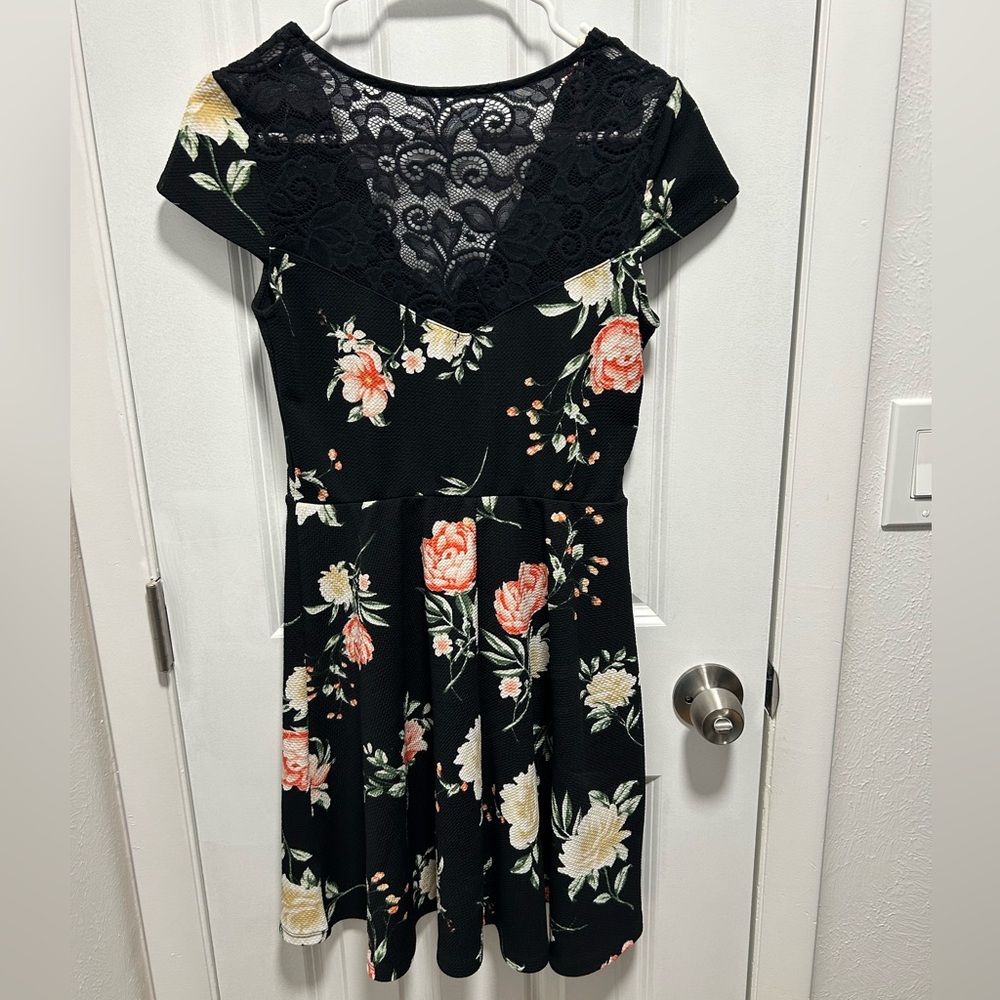 Three Hearts Black Floral Mini Dress with Lace Detail